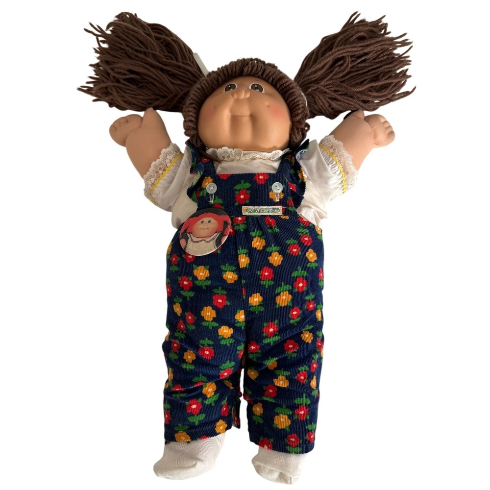 Vintage Cabbage Patch Kids Doll Brown Yarn Hair Floral Corduroy Overalls 16 inch